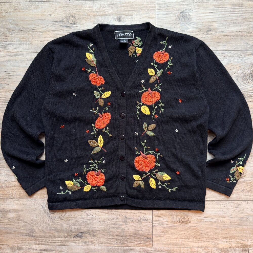 Vintage Halloween Sweater Cardigan Black Embroidered Pumpkin Fall Leaves Size M